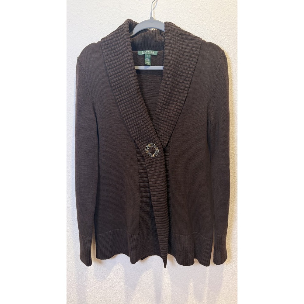 Lauren Ralph Lauren Cardigan Sweater Womens M Brown Shawl Collar Jewel Button